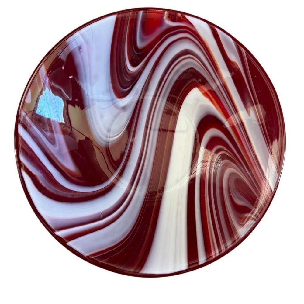 Hand Made Fused Glass Red & White 10” Bowl